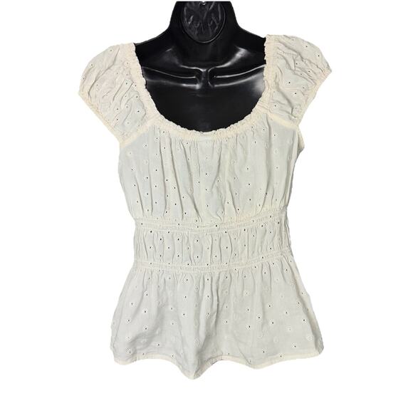 Ivory Eyelet Cotton Off Shoulder Puff Sleeve Babydoll Ruched Peasant Tunic Boho - Picture 4 of 9